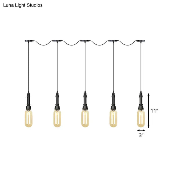 Industrial Black Finish Tandem Led Chandelier With 3/5/7 Lights And Amber Glass Capsules