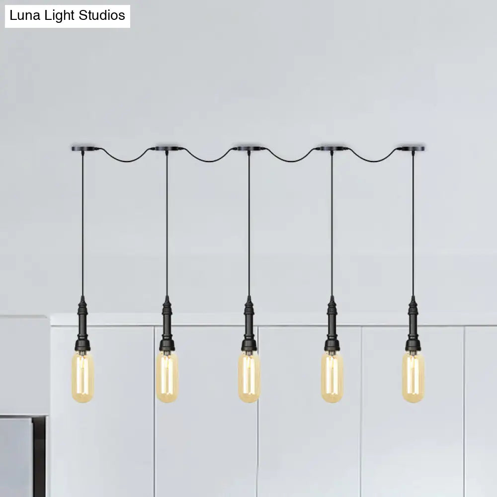 Industrial Black Finish Tandem Led Chandelier With 3/5/7 Lights And Amber Glass Capsules