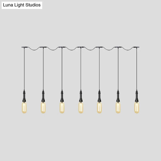 Industrial Black Finish Tandem Led Chandelier With 3/5/7 Lights And Amber Glass Capsules