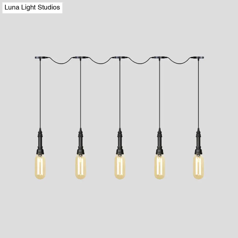 Industrial Black Finish Tandem Led Chandelier With 3/5/7 Lights And Amber Glass Capsules