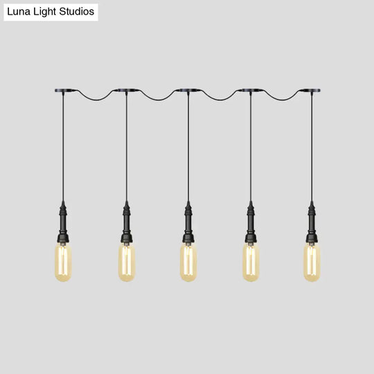 Industrial Black Finish Tandem Led Chandelier With 3/5/7 Lights And Amber Glass Capsules