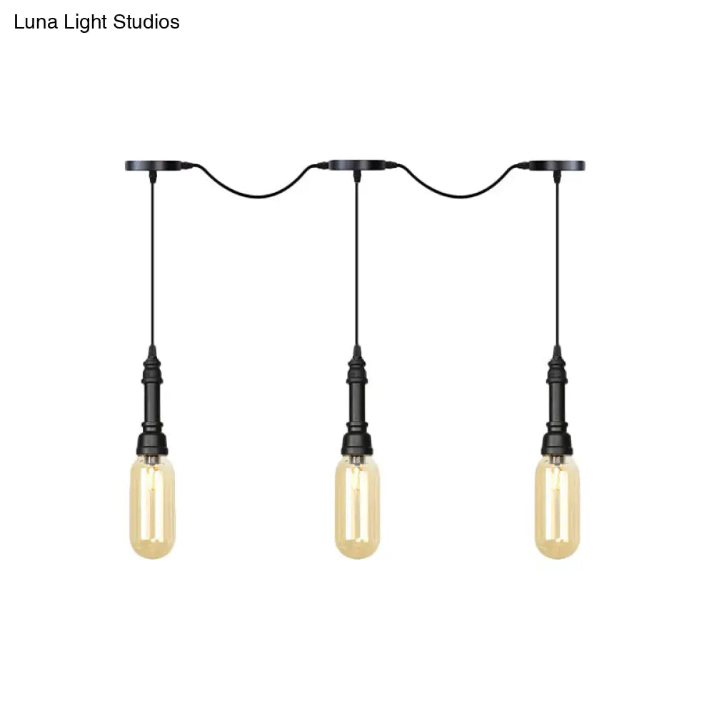 Industrial Black Finish Tandem Led Chandelier With 3/5/7 Lights And Amber Glass Capsules