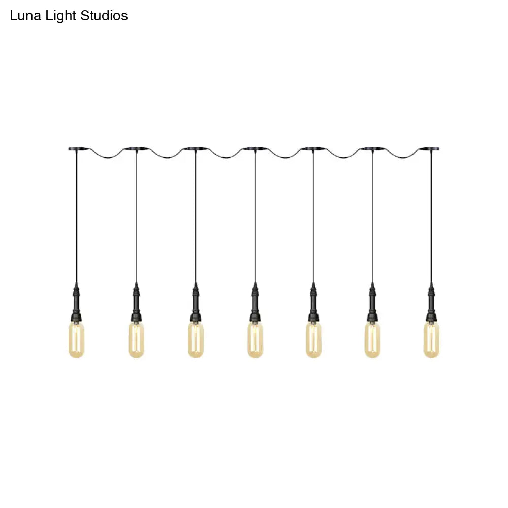 Industrial Black Finish Tandem Led Chandelier With 3/5/7 Lights And Amber Glass Capsules