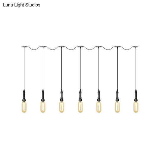 Industrial Black Finish Tandem Led Chandelier With 3/5/7 Lights And Amber Glass Capsules