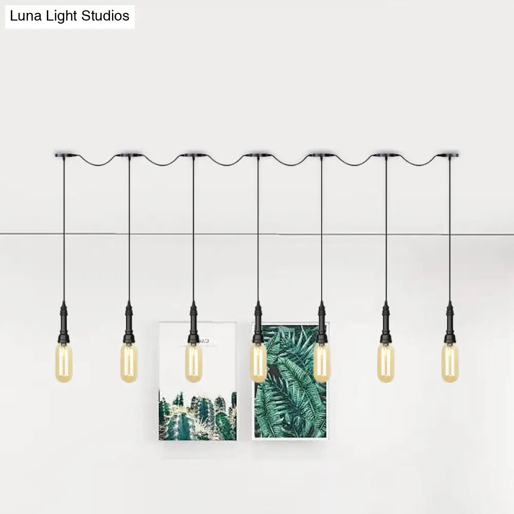 Industrial Black Finish Tandem Led Chandelier With 3/5/7 Lights And Amber Glass Capsules