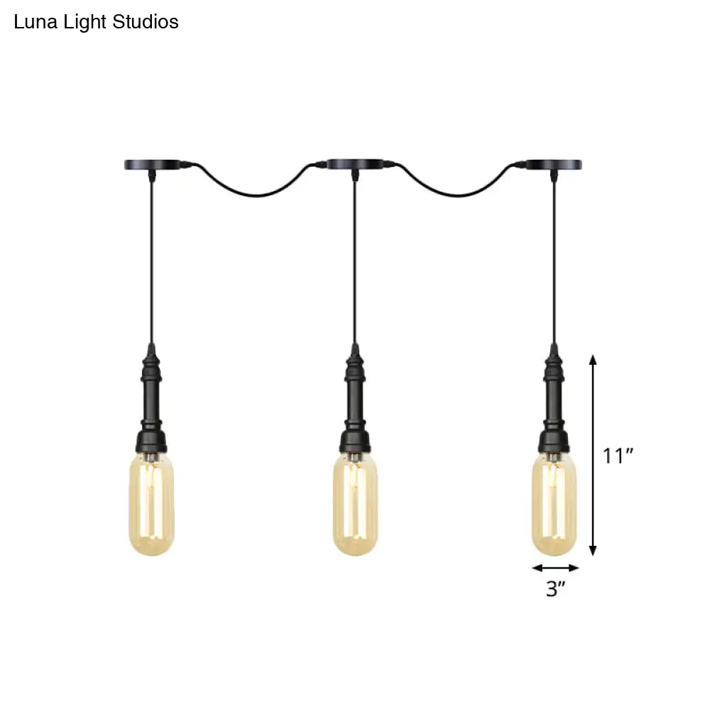 Industrial Black Finish Tandem Led Chandelier With 3/5/7 Lights And Amber Glass Capsules