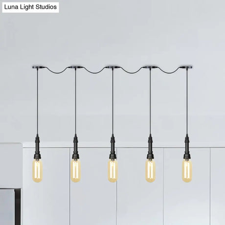 Modern Industrial Amber Glass Chandelier With Led Lights - Black Finish Tandem Hanging Ceiling Lamp