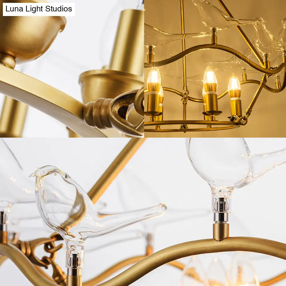 Modern Iron Candle Chandelier Ceiling Fixture In Gold With Clear Glass Birds - 6/9-Head For Living