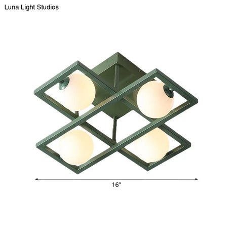 Modern Iron Semi Flush Ceiling Lamp With Globe White Glass Shade - Green 3/4/6 - Head Macaron Design