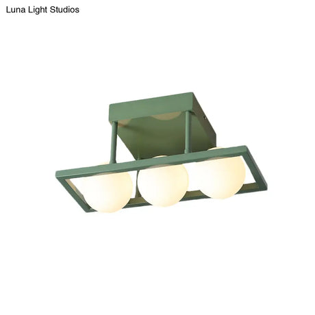 Modern Iron Semi Flush Ceiling Lamp With Globe White Glass Shade - Green 3/4/6 - Head Macaron Design