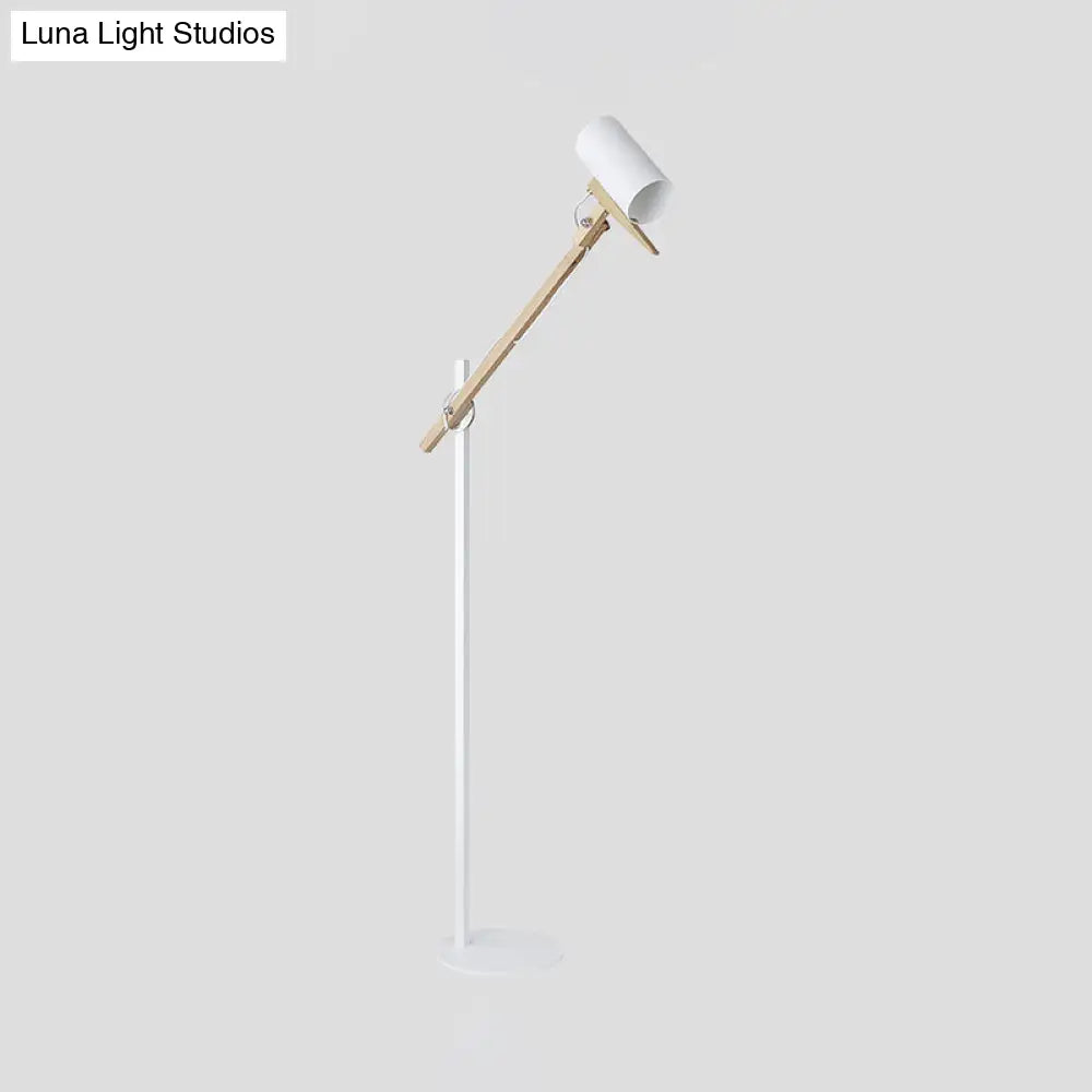 Modern Iron Swing Arm Floor Lamp - White/Black With Wood Tube Accent 1-Light Standing Light