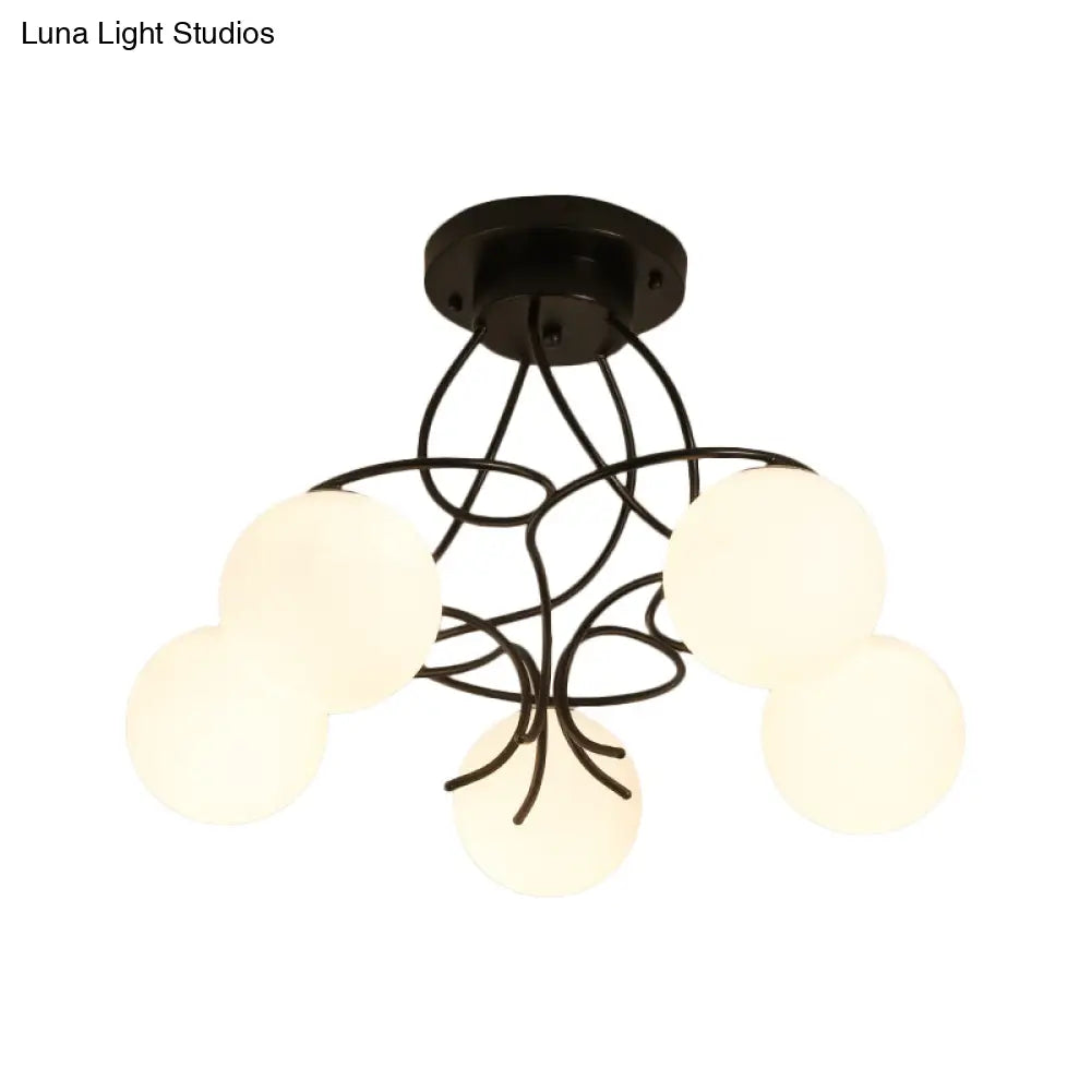 Modern Iron Swirling Semi Flush Ceiling Light With Opal Glass Shade - 5 Heads Black/White Finish