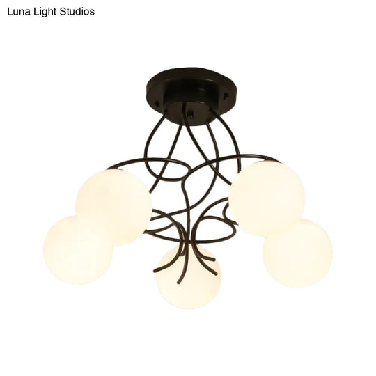 Modern Iron Swirling Semi Flush Ceiling Light With Opal Glass Shade - 5 Heads Black/White Finish