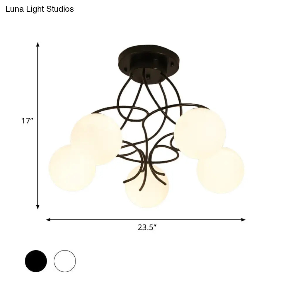 Modern Iron Swirling Semi Flush Ceiling Light With Opal Glass Shade - 5 Heads Black/White Finish