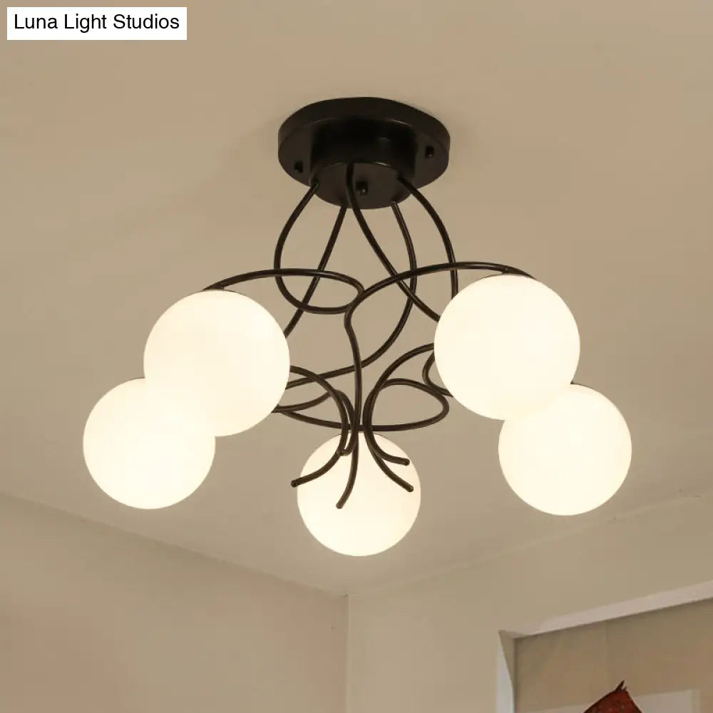 Modern Iron Swirling Semi Flush Ceiling Light With Opal Glass Shade - 5 Heads Black/White Finish