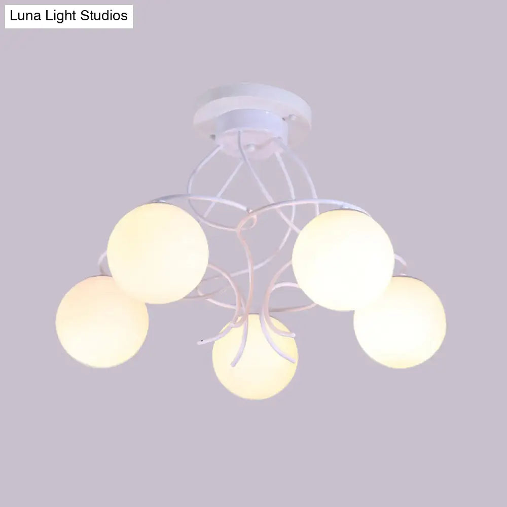 Modern Iron Swirling Semi Flush Ceiling Light With Opal Glass Shade - 5 Heads Black/White Finish