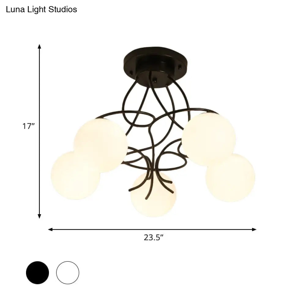 Modern Iron Swirling Semi Flush Ceiling Light With Opal Glass Shade - 5 Heads Black/White Finish