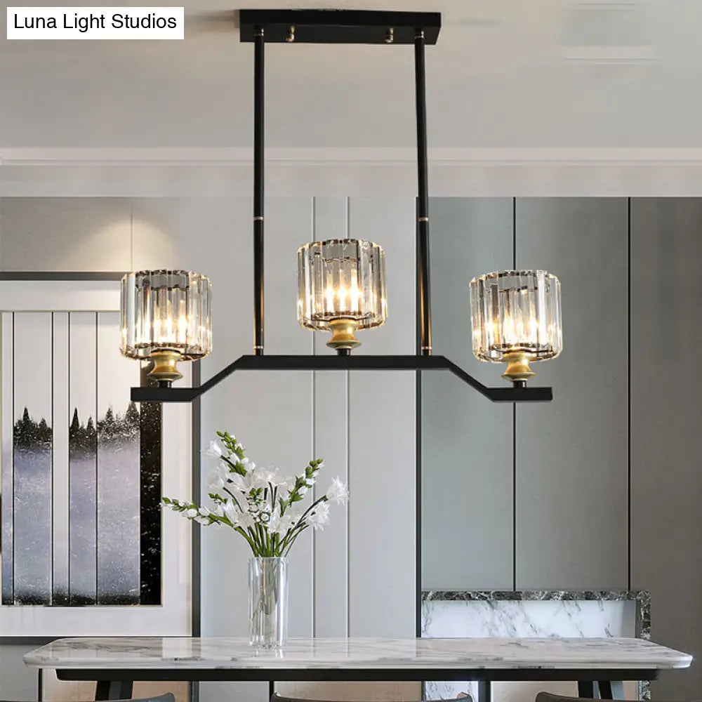 Modern Island Pendant Light With Black Clear Crystal Cylinder - 3/4 Lights For Indoor
