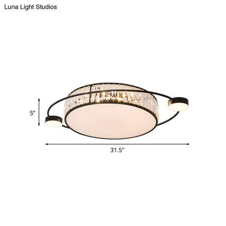 Modern K9 Crystal Black Flush Light Drum Led For Bedroom - 26’/31.5’ W Mount Lighting Fixture