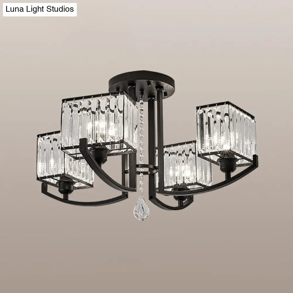 Modern K9 Crystal Semi Flush Mount Ceiling Light: Black Rectangle Fixture For Living Room