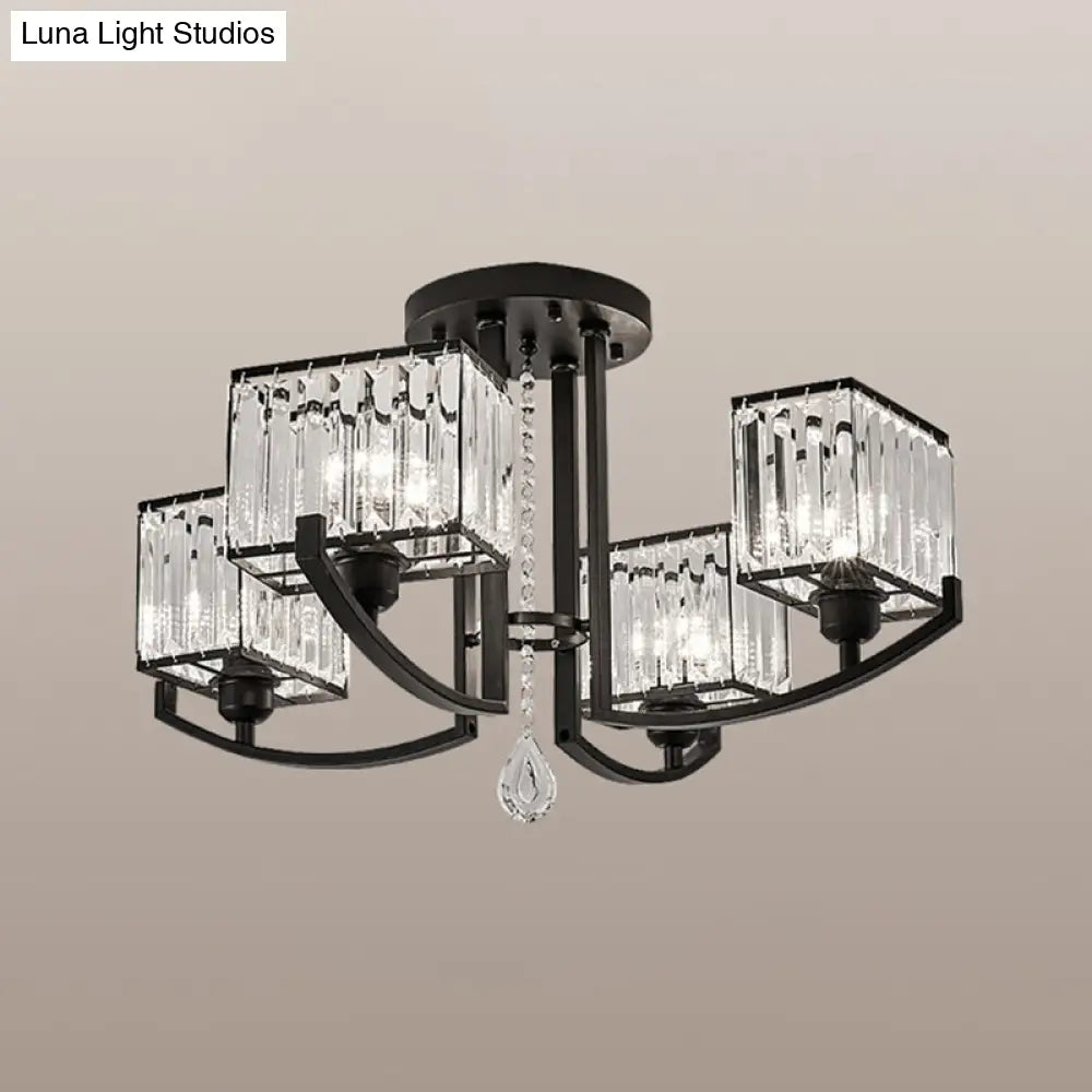 Modern K9 Crystal Semi Flush Mount Ceiling Light: Black Rectangle Fixture For Living Room