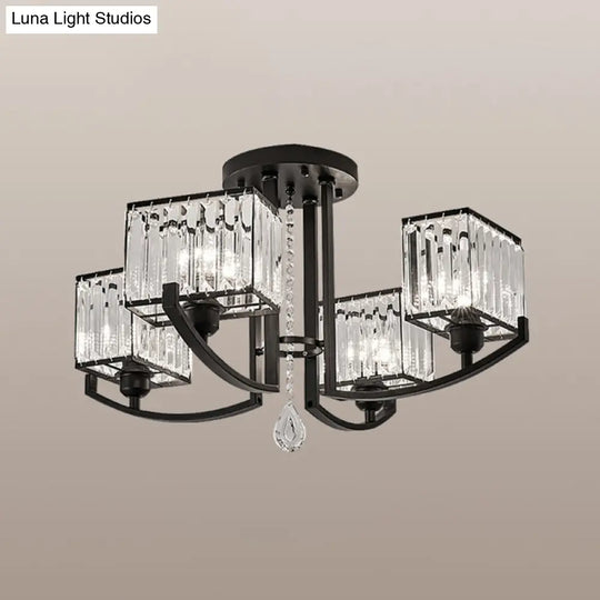 Modern K9 Crystal Semi Flush Mount Ceiling Light: Black Rectangle Fixture For Living Room