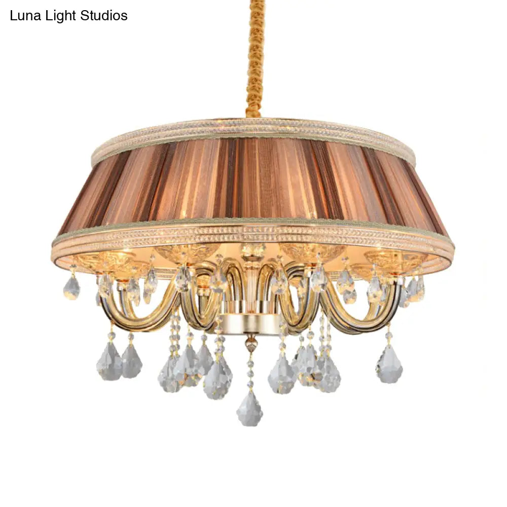Modern Khaki Drum Ceiling Chandelier With Crystal Droplet - 8 Heads Pleated Fabric Hanging Lighting