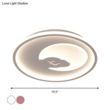 Modern Led Acrylic Flush Mount Light - Pink/White Circle Design 16’/19.5’ Dia Moon And Bird
