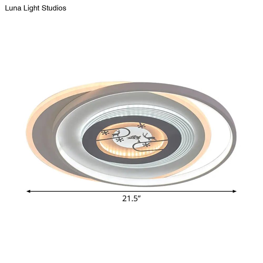 Modern Led Acrylic Flushmount Light Fixture - White Circular With Deer And Tree Pattern