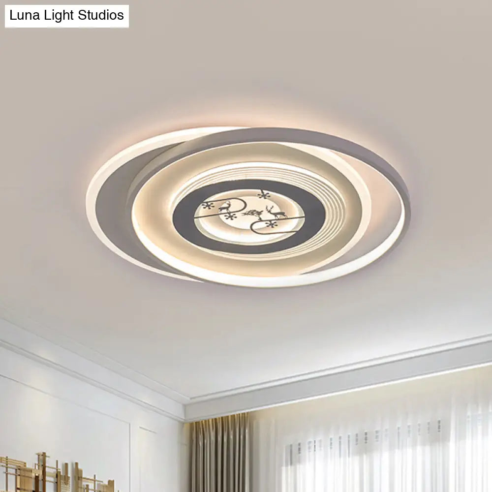 Modern Led Acrylic Flushmount Light Fixture - White Circular With Deer And Tree Pattern