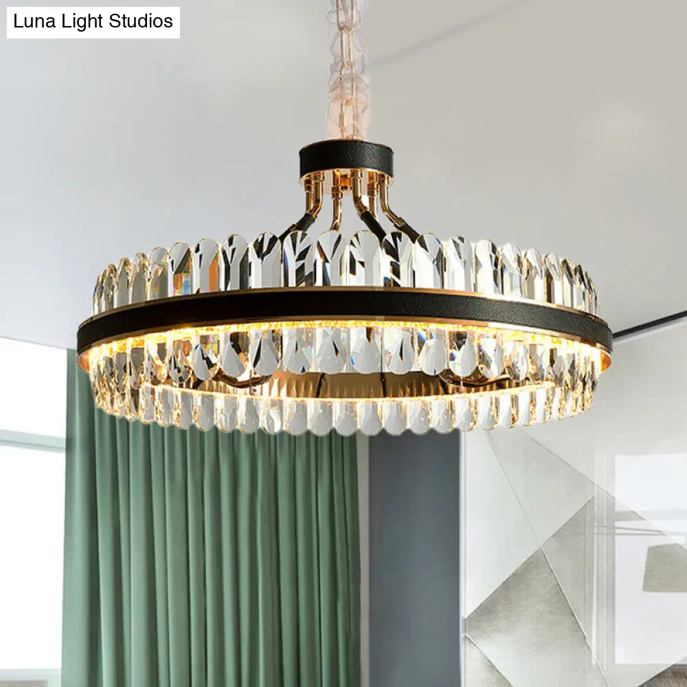 Black Led Chandelier Pendant Light With Round Beveled Crystal Shade - Stylish Living Room Lighting