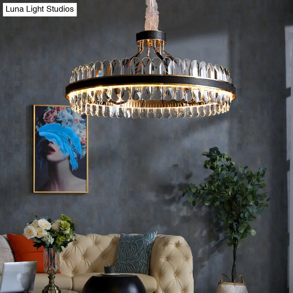 Black Led Chandelier Pendant Light With Round Beveled Crystal Shade - Stylish Living Room Lighting