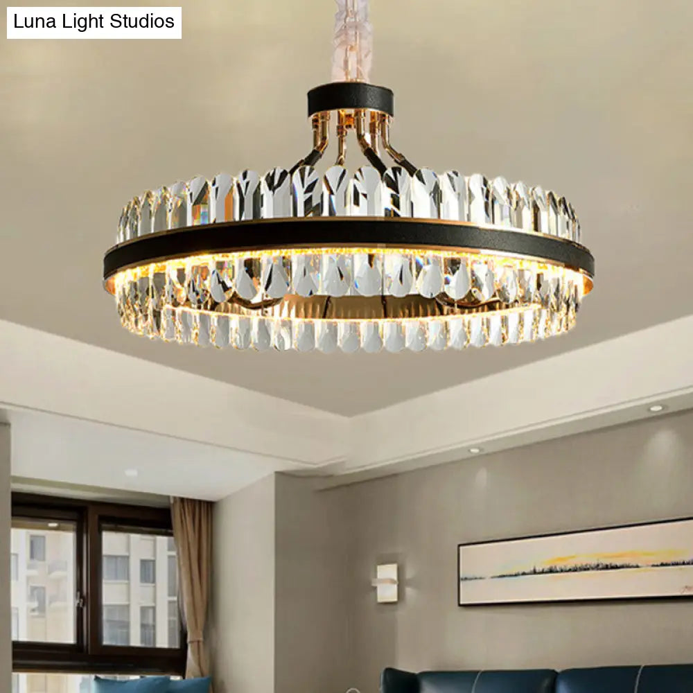Black Led Chandelier Pendant Light With Round Beveled Crystal Shade - Stylish Living Room Lighting