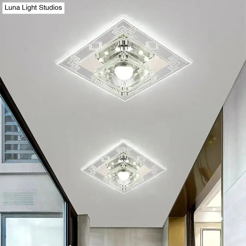 Modern Led Chrome Flush Ceiling Light With Crystal Shade / Warm