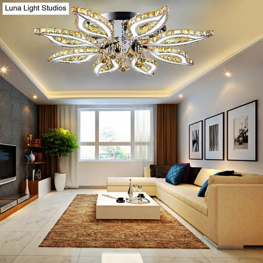 Modern Led Chrome Flush Mount Ceiling Light With Crystal Flower Design And Acrylic Diffuser In