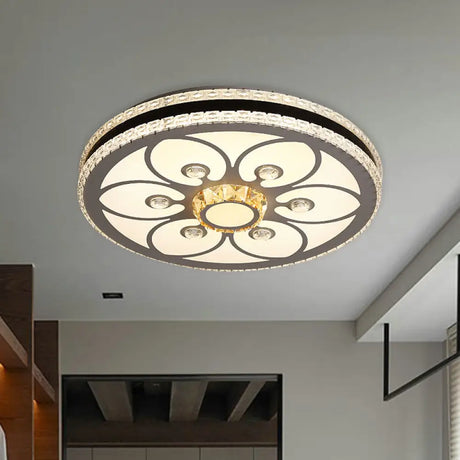 Modern Led Crystal Block Circle Ceiling Light With Four - Leaf Clover/Flower Pattern In Chrome /