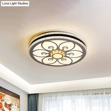 Modern Led Crystal Block Circle Ceiling Light With Four - Leaf Clover/Flower Pattern In Chrome