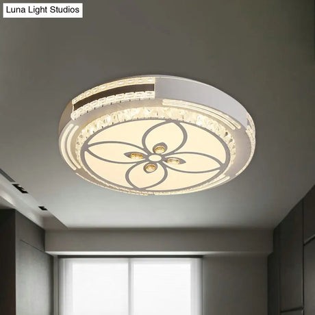 Modern Led Crystal Block Circle Ceiling Light With Four - Leaf Clover/Flower Pattern In Chrome