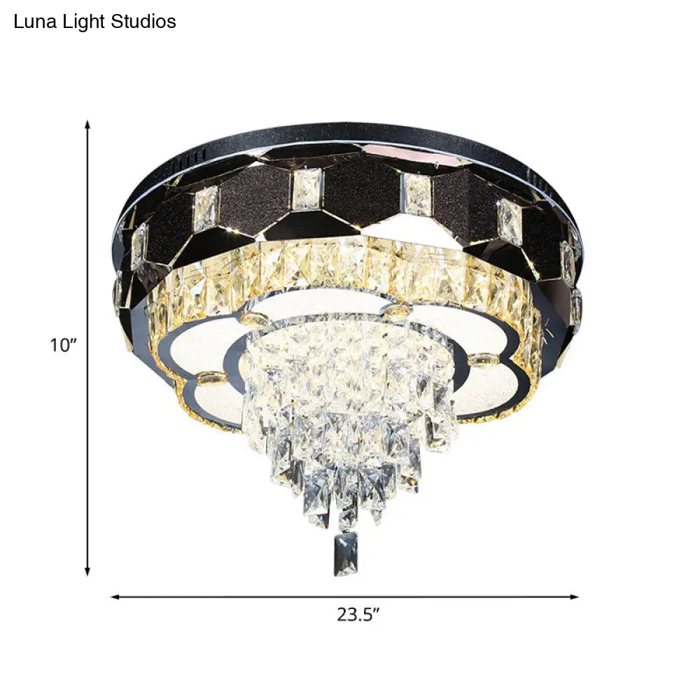 Modern Led Crystal Ceiling Light With Stainless Steel Finish And Floral Accent