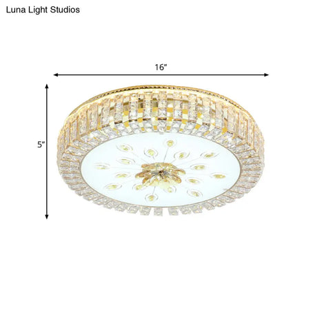 Modern Led Crystal Drum Ceiling Lamp With Flush Mount In Gold Finish For Bedrooms