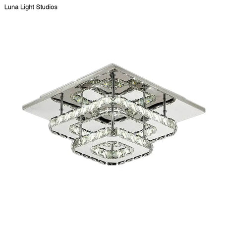 Modern Led Crystal Flush Mount Ceiling Light With Beveled Square Design For Corridor Chrome Finish