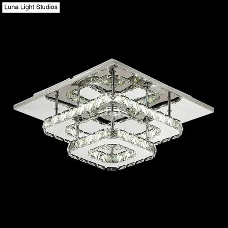 Modern Led Crystal Flush Mount Ceiling Light With Beveled Square Design For Corridor Chrome Finish