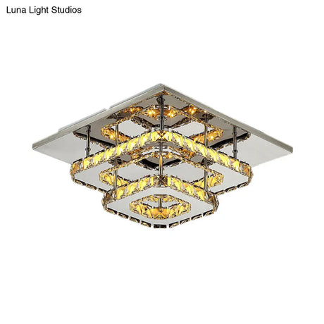 Modern Led Crystal Flush Mount Ceiling Light With Beveled Square Design For Corridor Chrome Finish
