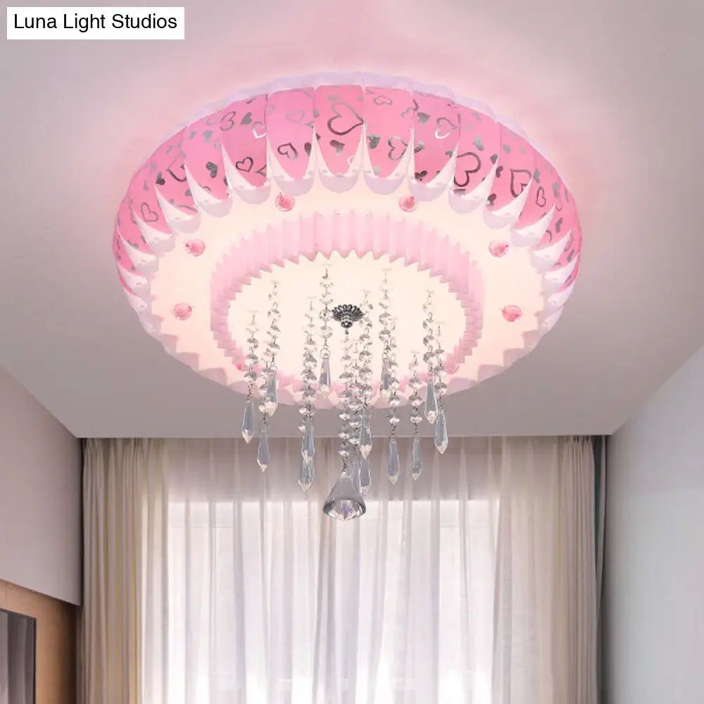Modern Led Crystal Flush Mount Ceiling Light With Pink Drum Shade Perfect For Living Rooms / B