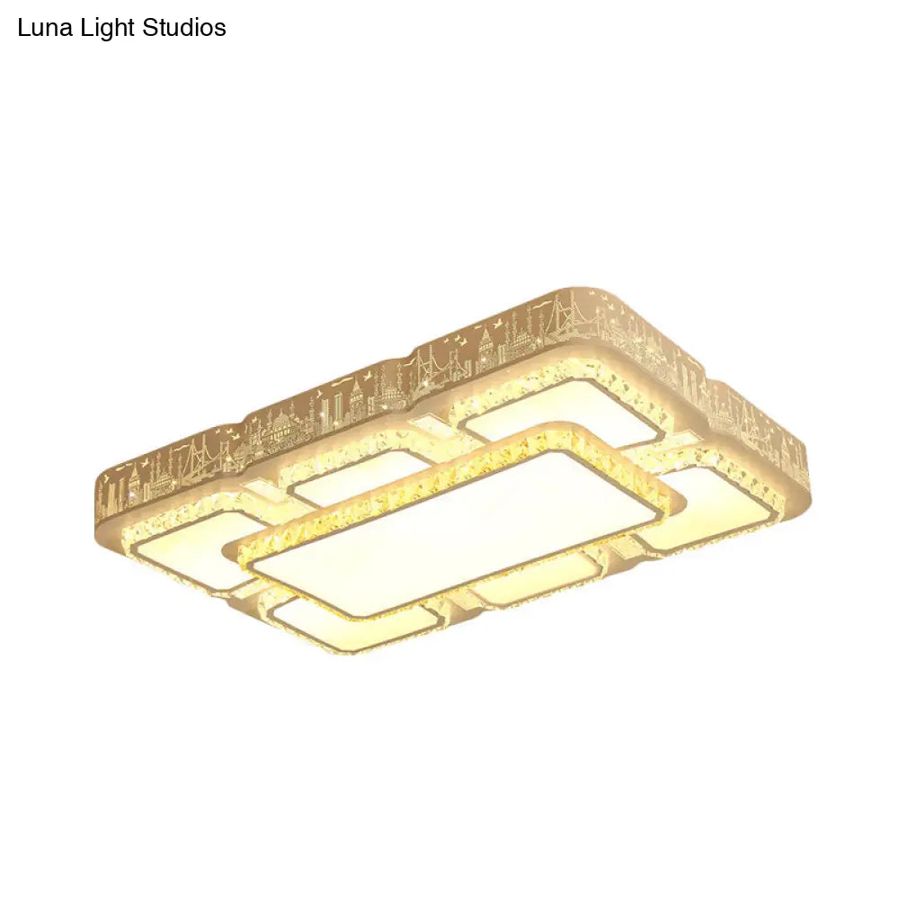 Modern Led Crystal Flush Mount Lamp: White Rectangular Design With Laser - Cut City Pattern