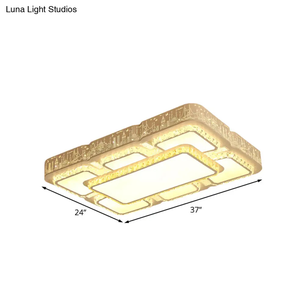 Modern Led Crystal Flush Mount Lamp: White Rectangular Design With Laser - Cut City Pattern