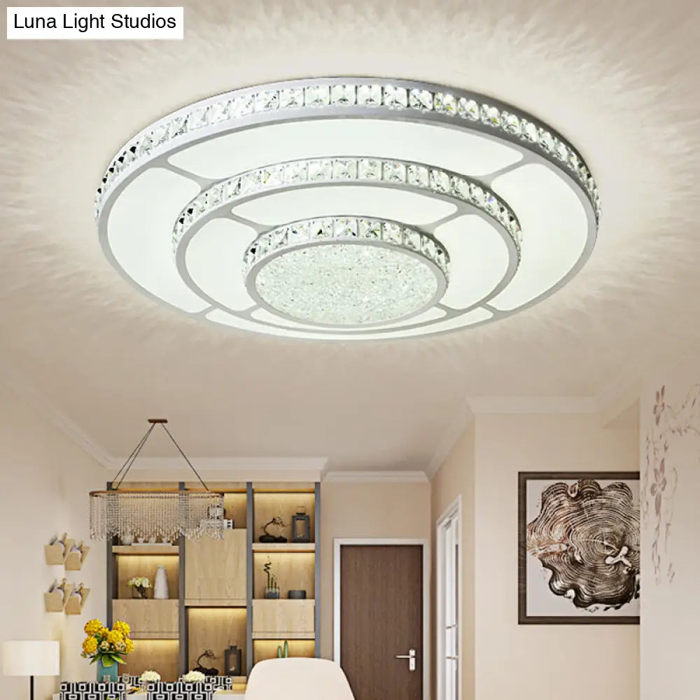 Modern Led Crystal Geometry Ceiling Lamp - White Flush Mount Light With 3 - Tier Design / Medium