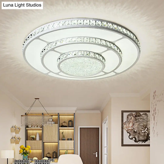 Modern Led Crystal Geometry Ceiling Lamp - White Flush Mount Light With 3 - Tier Design / Medium