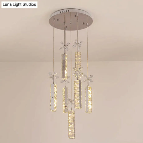 Modern Led Crystal Pendant Light With Chrome Canopy - Linear And Flower Drop Design