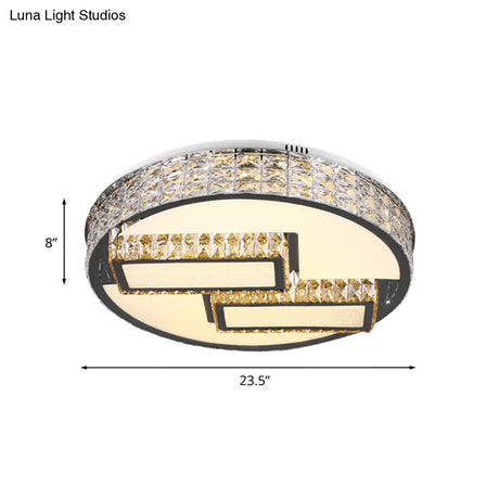 Modern Led Drum Close To Ceiling Lighting Fixture - Stainless Steel With Crystal Flushmount